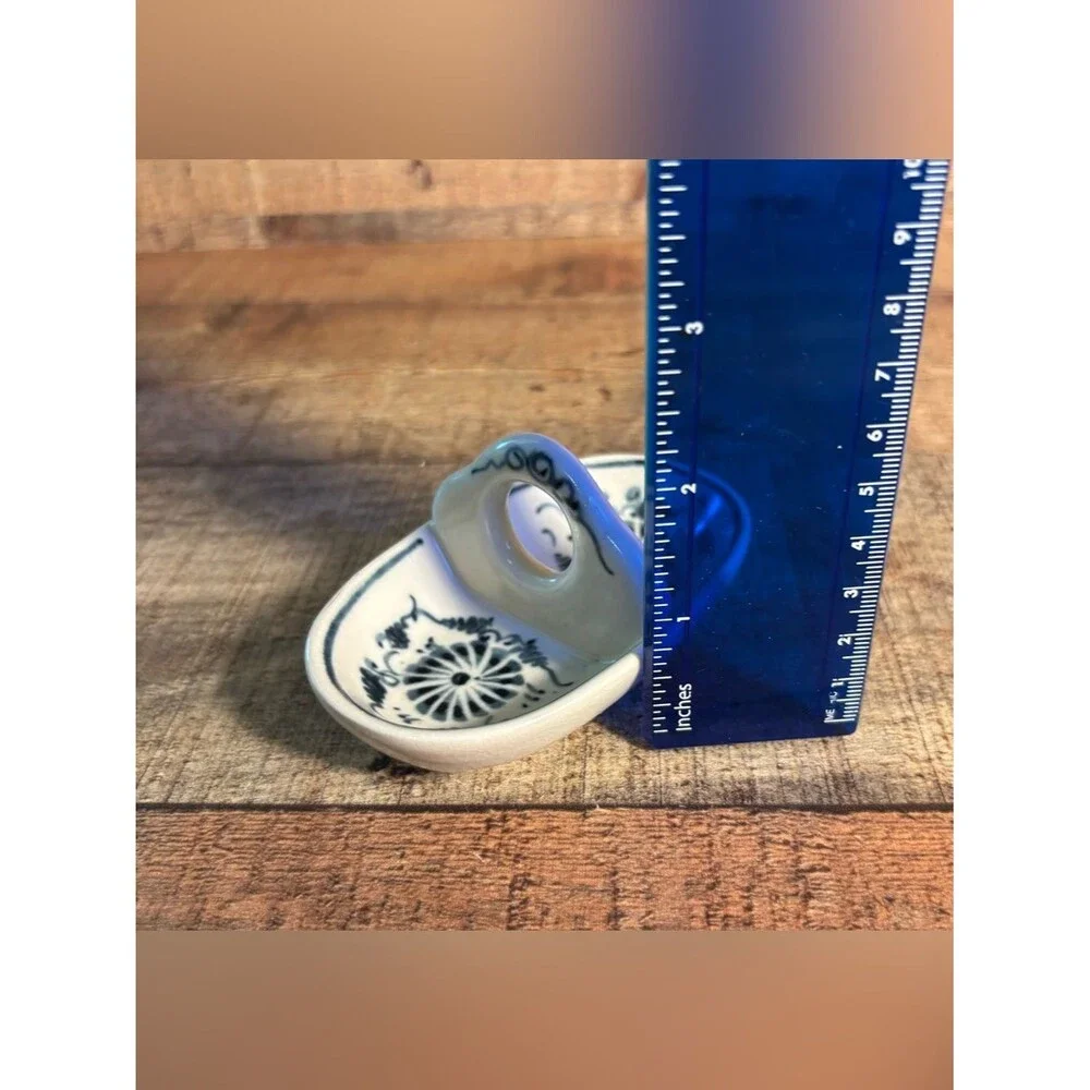 World Market Hand Paint Blue & Creamy White Ceramic Ring Jewelry Trinket Dish